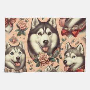 Niedliche Vintage sibirische Husky-Illustration Geschirrtuch