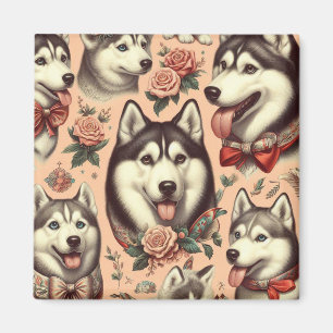 Niedliche Vintage sibirische Husky-Illustration Magnet