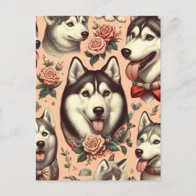 Niedliche Vintage sibirische Husky-Illustration Postkarte (Vorderseite)