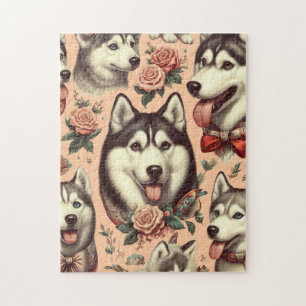 Niedliche Vintage sibirische Husky-Illustration Puzzle