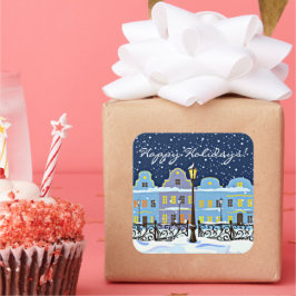 Niedliche Vintage Stadthäuser in verschneiten Land Quadratischer Aufkleber