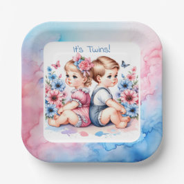 Niedliche Vintage Twins | Junge und Mädchen Pappteller