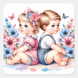Niedliche Vintage Twins | Junge und Mädchen Quadratischer Aufkleber
