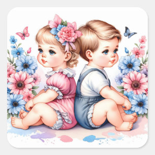 Niedliche Vintage Twins Junge und Mädchen Quadratischer Aufkleber