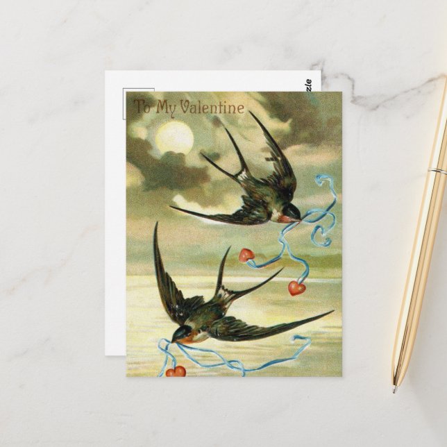 niedliche Vintage Valentinvögel Postkarte (Vorderseite/Rückseite Beispiel)