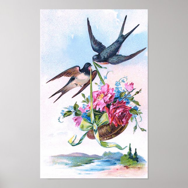 Niedliche Vintage Vögel und Blume Poster (Vorne)