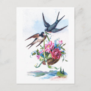 Niedliche Vintage Vögel und Blume Postkarte
