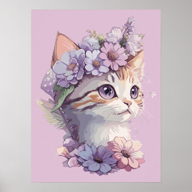 Niedliche Violett Wasserfarbe Katze mit Flora Poster (Vorne)