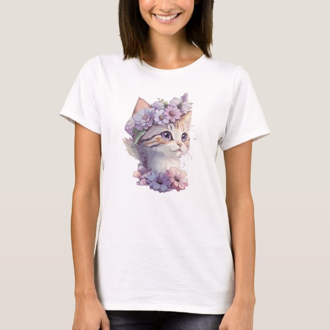 Niedliche Violett Wasserfarbe Katze mit Flora T-Shirt (Vorderseite)