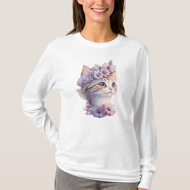 Niedliche Violett Wasserfarbe Katze mit Flora T-Shirt (Vorderseite)