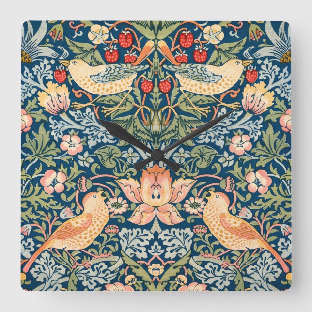 Niedliche Vögel, Erdbeerdiebstahl Vintage Kunst Quadratische Wanduhr (Vorderseite)