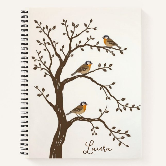 Niedliche Vögel in einem Baumjournal / Notebook Notizbuch (Vorderseite)