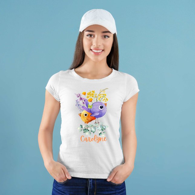 Niedliche Vögel Lila und Orangefarbene Blume T-Shirt (Von Creator hochgeladen)