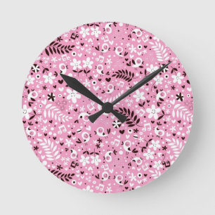 niedliche Vögel und Blume rosa Muster Runde Wanduhr
