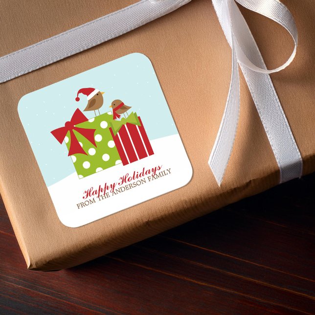 Niedliche Vögel und Weihnachtsgeschenke Quadratischer Aufkleber (Von Creator hochgeladen)
