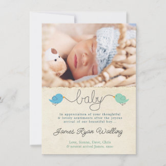Niedliche Vögel Vielen Dank Hinweis Baby Boy Foto  Einladung