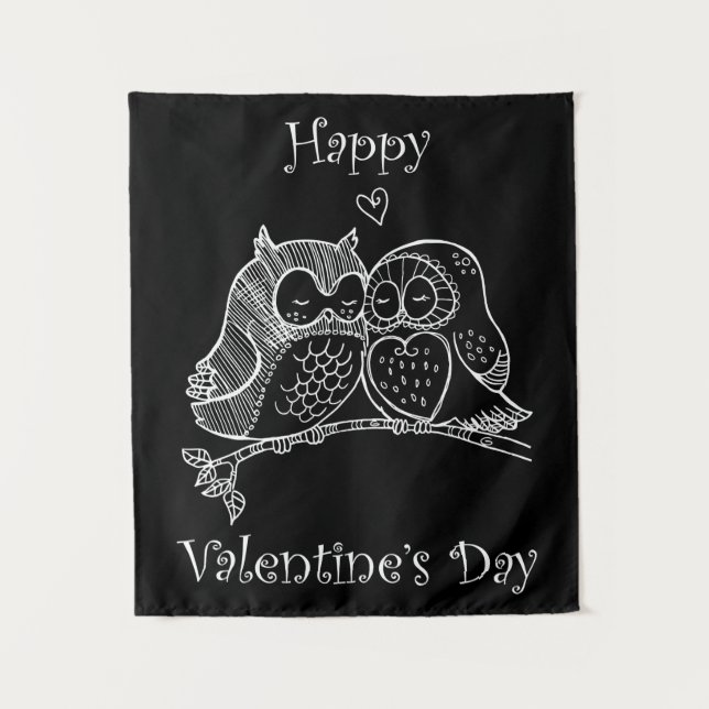 Niedliche Vogelarten Liebe Couple Owl Romance Lini Wandteppich (Vorderseite)