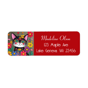 Niedliche Volkskunst Schwarze Katze und Blume