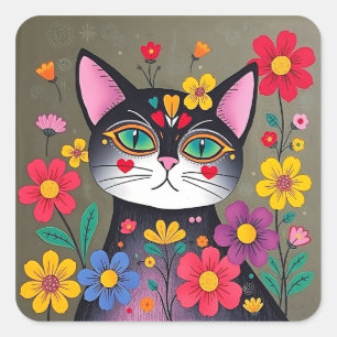 Niedliche Volkskunst Schwarze Katze und Blume Quadratischer Aufkleber