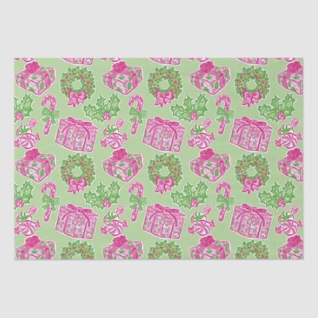 Niedliche Vorweihnachtscreme, rosa und grüne Vortr Seidenpapier (Vorderseite)