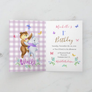 Niedliche Waldbären Waltzing 1. Geburtstag Party Einladung