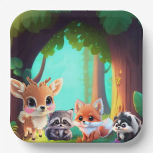 Niedliche Waldfreunde Fuchs-Raccoon-Reh Pappteller