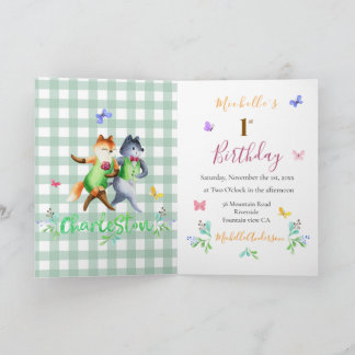 Niedliche Waldfüchse Green Gingham 1. Geburtstag Einladung