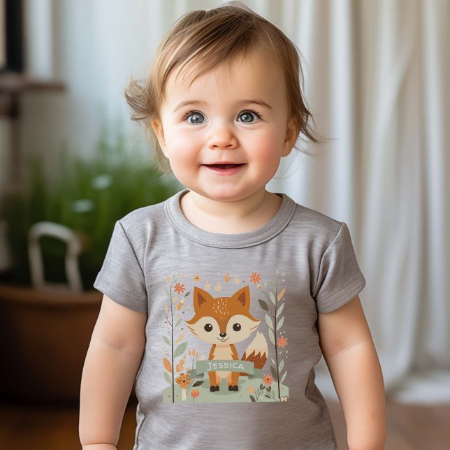 Niedliche Waldfüchse, Waldtiere, geschlechtsneutra Baby T-shirt (Woodland fox, gender neutral baby t-shirts. Personalized Name.)