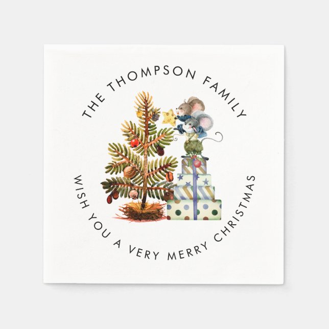 Niedliche Waldmäuse Frohe Weihnachtsbaum Name Serviette (Vorderseite)