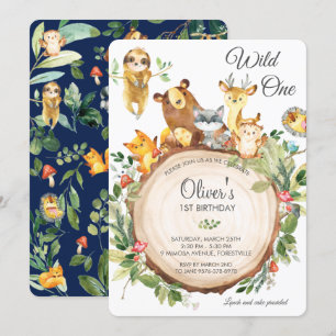 Niedliche Waldtiere 1. Geburtstag Party Wild One Einladung