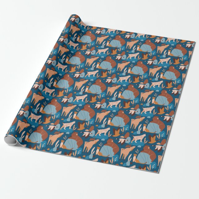 Niedliche Waldtiere, dunkles, nahtloses Design. Geschenkpapier (Ungerollt)