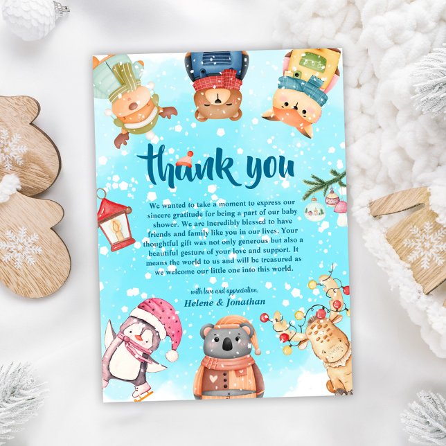 Niedliche Waldtiere Elegante Winter Baby Dusche Dankeskarte (Cute Woodland Animals Elegant Winter Baby Shower Thank You Card)