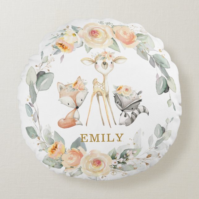 Niedliche Waldtiere Gelbe Blumengrün Rundes Kissen (Vorderseite)