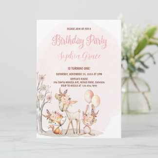 Niedliche Waldtiere Girl Wild 1. Geburtstag Einladung