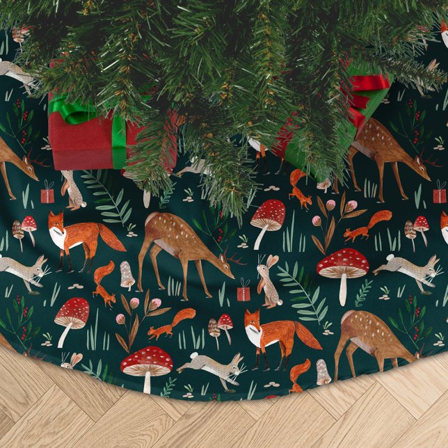 Niedliche Waldtiere Grüner Weihnachtswald Polyester Weihnachtsbaumdecke (Cute Woodland Animals Green Christmas Forest Brushed Polyester Tree Skirt)