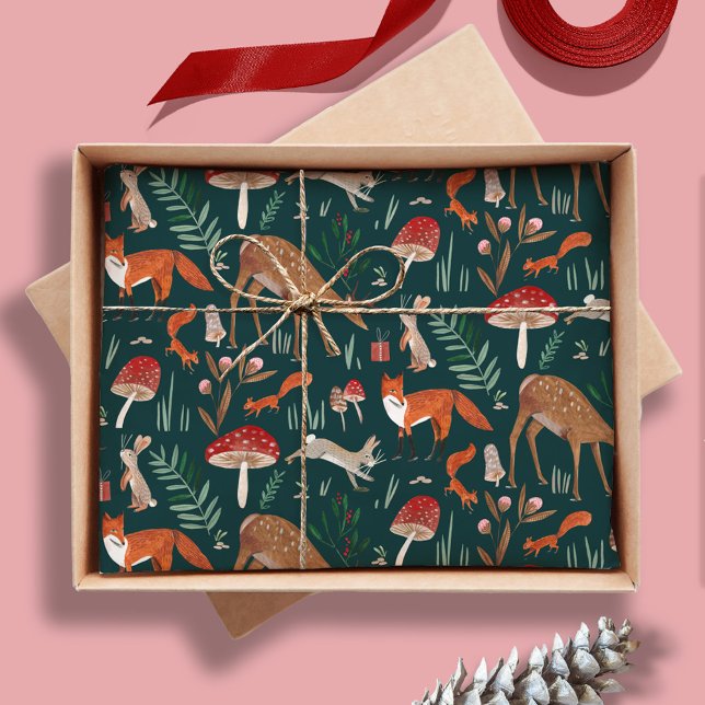 Niedliche Waldtiere Grüner Weihnachtswald Seidenpapier (Cute Woodland Animals Green Christmas Forest Tissue Paper)