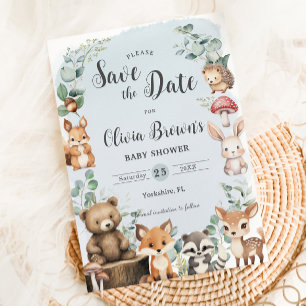 Niedliche Waldtiere Grünpflanzen Blue Baby Dusche Save The Date