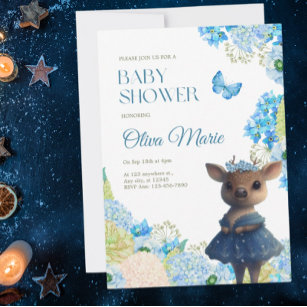 Niedliche Waldtiere Hirsche Blue Floral Baby Dusch Einladung
