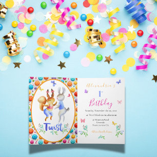 Niedliche Waldtiere Kaninchen 1Geburtstag Polka Do Einladung