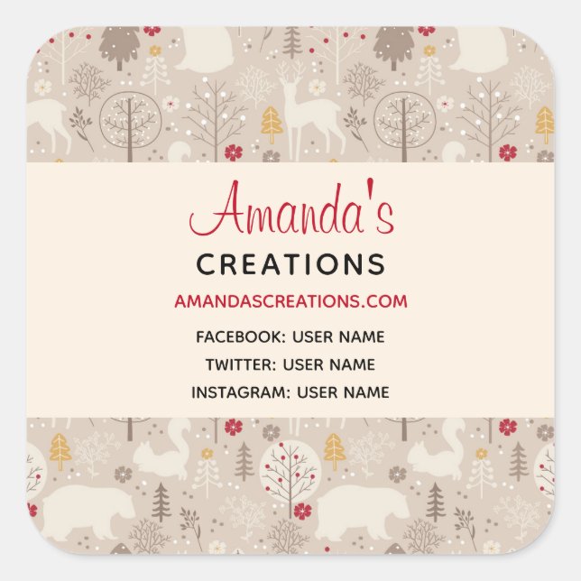 Niedliche Waldtiere Nordic Muster Business Quadratischer Aufkleber (Vorderseite)