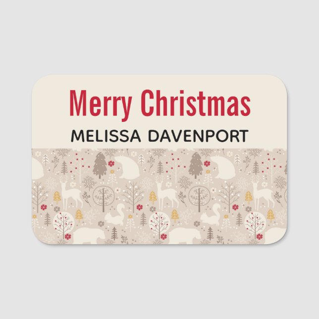 Niedliche Waldtiere Nordic Muster Weihnachten Namensschild (Vorderseite)