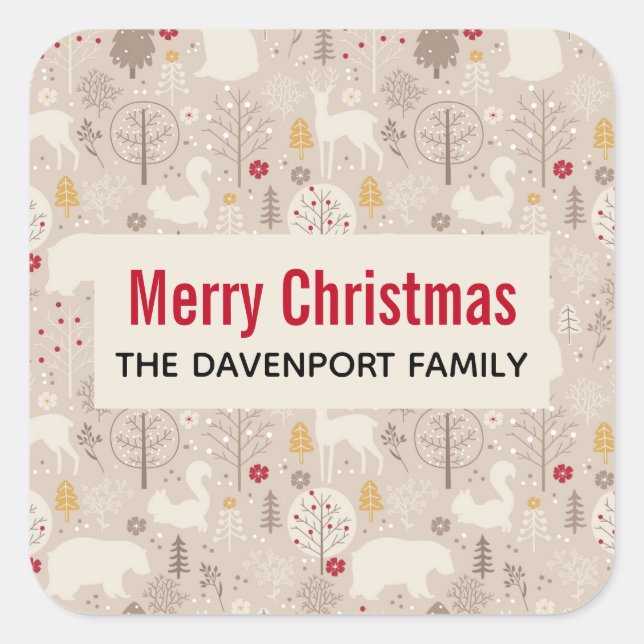 Niedliche Waldtiere Nordic Muster Weihnachten Quadratischer Aufkleber (Vorderseite)