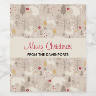 Niedliche Waldtiere Nordic Muster Weihnachten Weinetikett