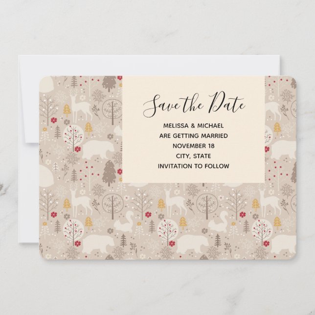 Niedliche Waldtiere Nordic Pattern Hochzeit Save The Date (Vorderseite)