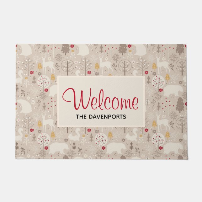 Niedliche Waldtiere Nordisches Muster Fußmatte (Vorderseite)