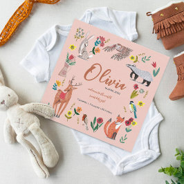 Niedliche Waldtiere Rosa Geburtsankündigung Dankeskarte