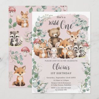 Niedliche Waldtiere Rosa Wildtiere 1. Geburtstag Einladung
