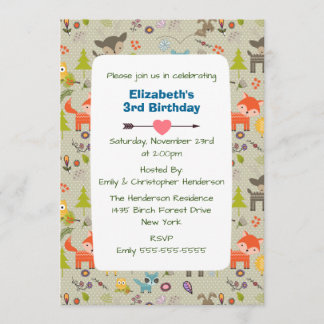 Niedliche Waldtiere und Blume zum Geburtstag einla Einladung