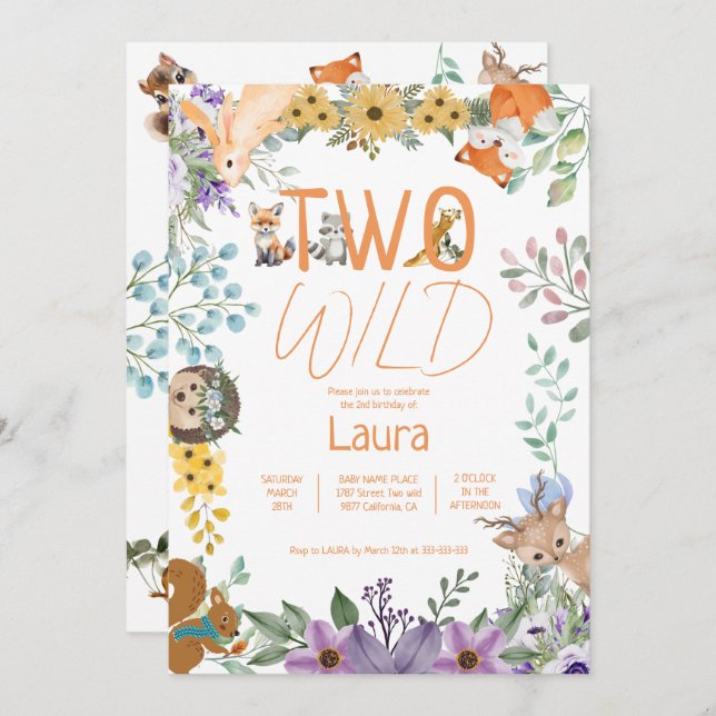 Niedliche Waldtiere (Waldtiere) 2. Geburtstag Einladung (Vorne/Hinten)