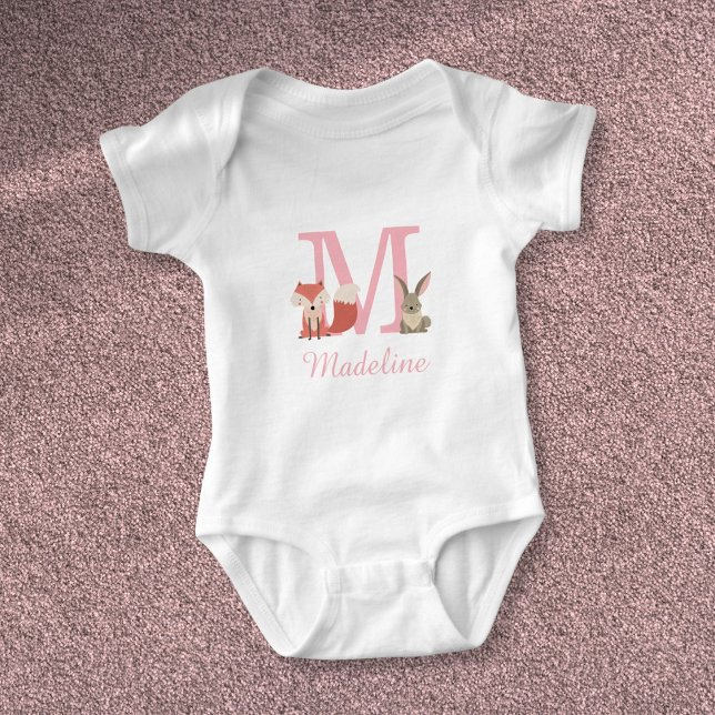 Niedliche Waldtiere Waldtiere Rosa Monogramm Baby Strampler (Cute Forest Woodland Animals Pink Monogram Baby Bodysuit)